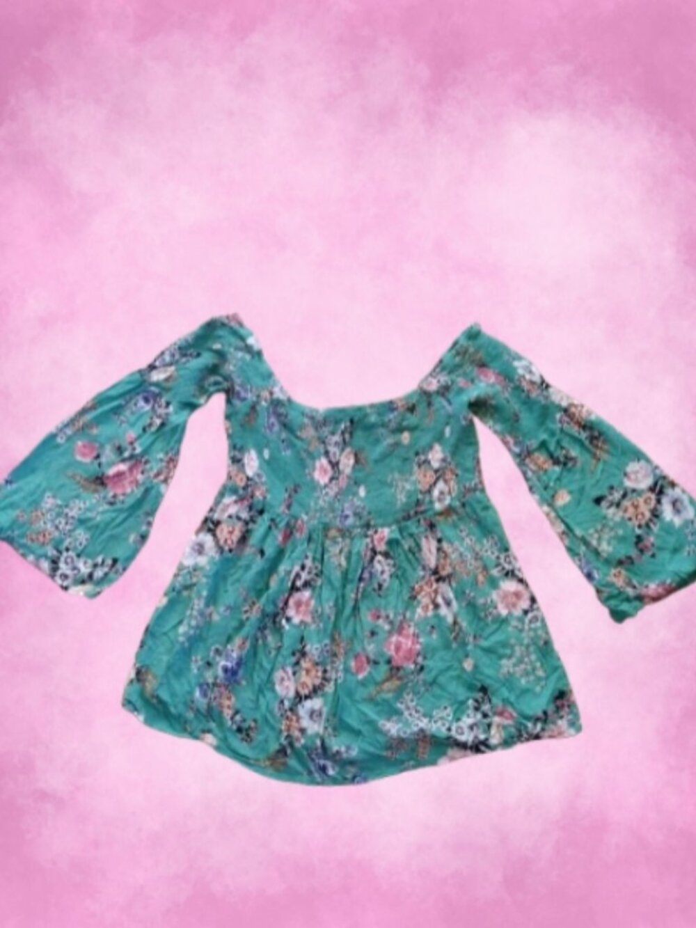 Torrid Teal Floral Smocked Peasant Top Size 2 (2X) Boho Cottagecore Bell Sleeves